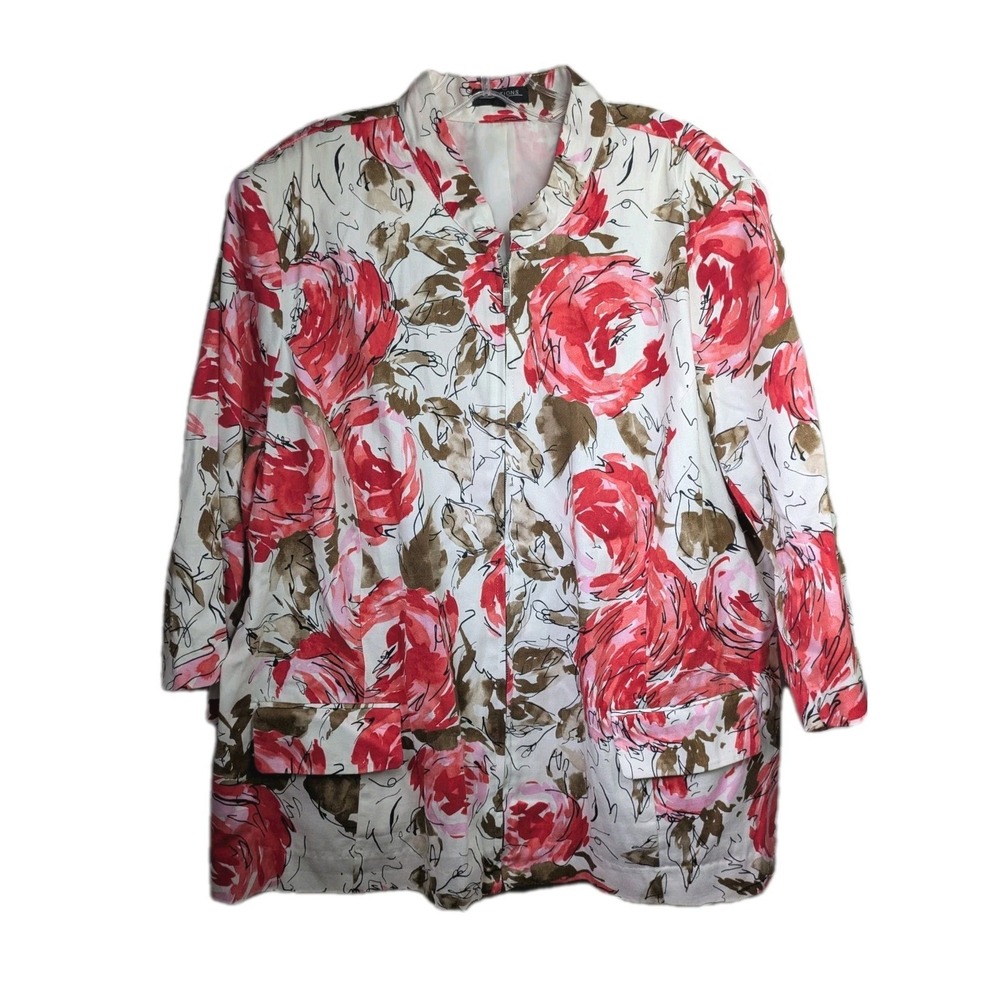Notations Women's Zip Jacket 3XL Floral Lightweight Shoulder Pads Cotton Blend